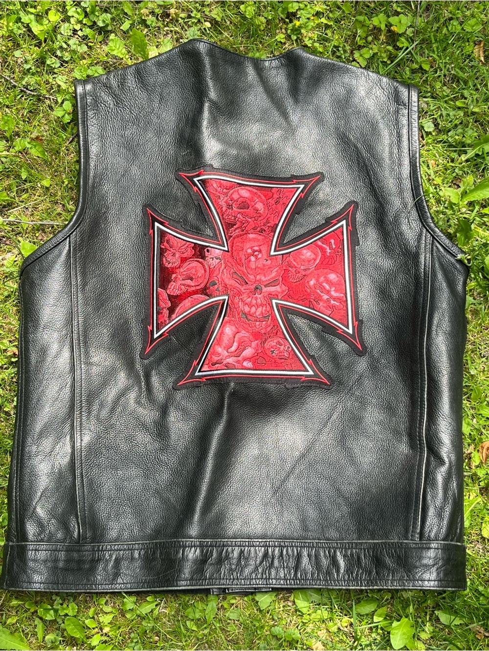 Black Leather Vest with Red Maltese Cross Back Patch